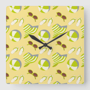 Beach vacay pattern with sunglasses and sun hat  square wall clock