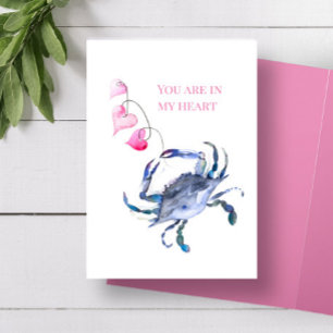 Beach Valentines Day Card Blue Crab and Hearts