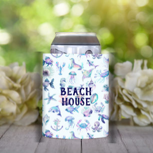 Beach Vibe Pastel colors sea animals pattern Can Cooler