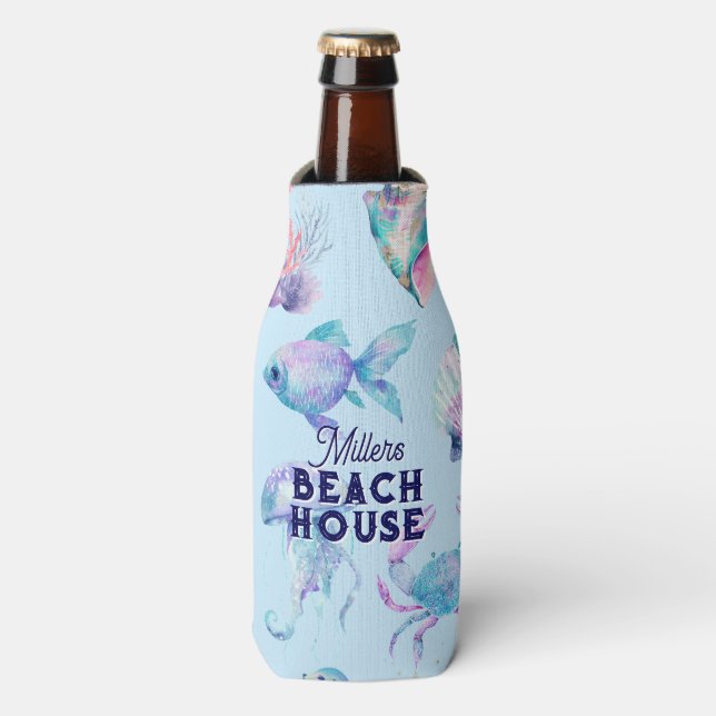 Beach Vibe Pastel colours sea animals pattern Bottle Cooler (Bottle Front)