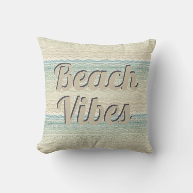 Beach Vibes Beige and Blue Waves Cushion (Front)