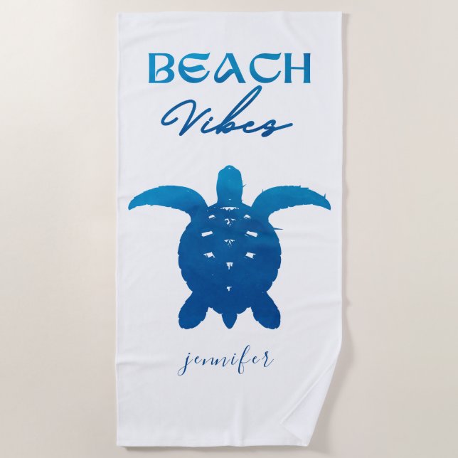  Beach Vibes Blue Watercolor Sea Turtle  Beach Towel (Front)