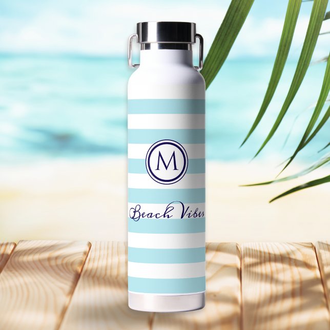 Beach Vibes Blue White Striped Nautical Monogram Water Bottle (A blue and white striped water bottle with monogram initial and 'Beach Vibes' in script typography)