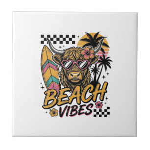 Beach Vibes Highland Cow Summer Vector Art_1 Ceramic Tile