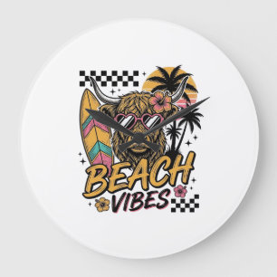 Beach Vibes Highland Cow Summer Vector Art_1 Large Clock
