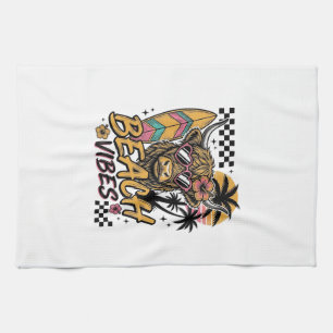 Beach Vibes Highland Cow Summer Vector Art_1 Tea Towel