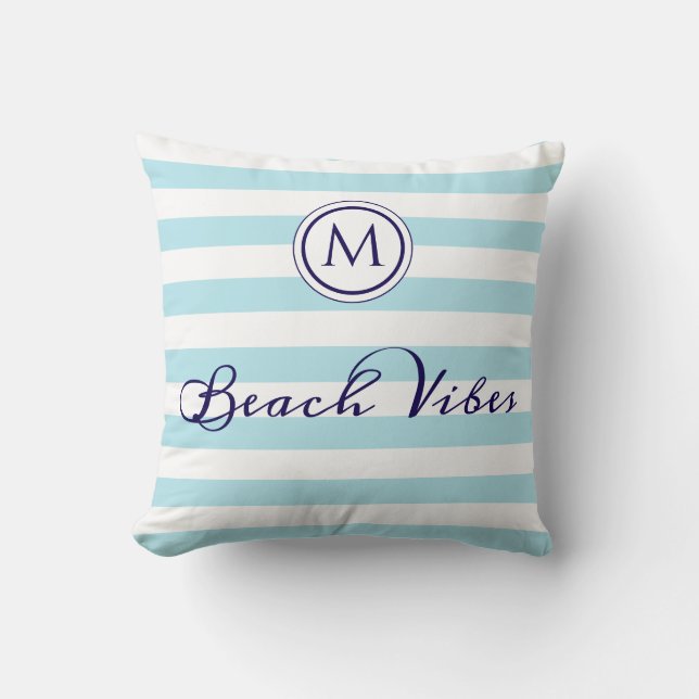 Beach Vibes Monogram Striped Light Blue White Cushion (Front)