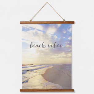 Beach Vibes Ocean Waves Sunset Wood Scroll Banner Hanging Tapestry