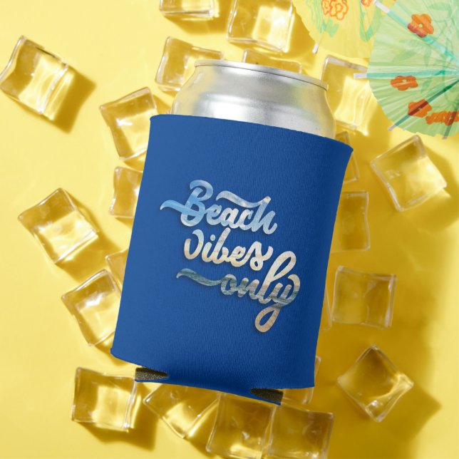Beach Vibes Only Typography Dark Blue Can Cooler (In Situ Summer)