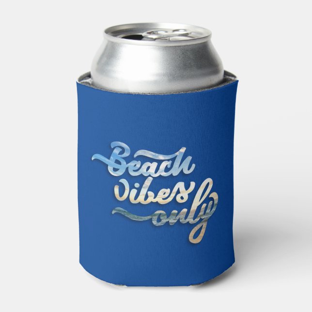 Beach Vibes Only Typography Dark Blue Can Cooler (Can Front)