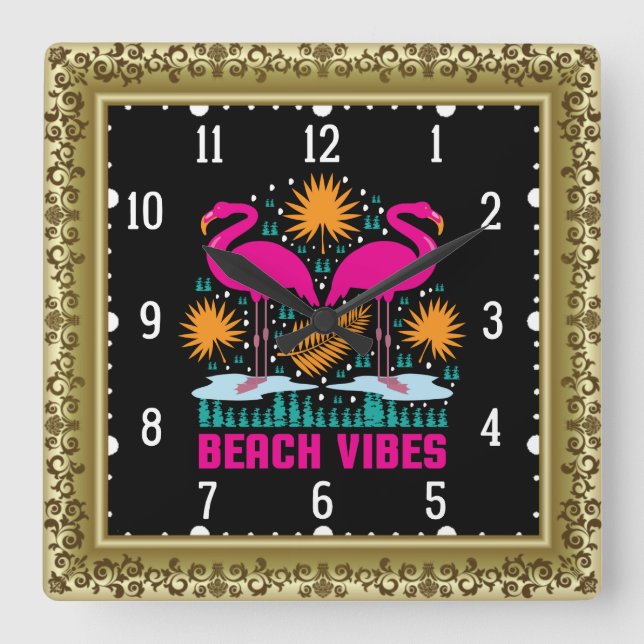 Beach Vibes Pink Flamingos-19501 Square Wall Clock (Front)