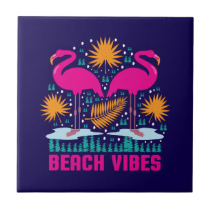 Beach Vibes Pink Flamingos Design Ceramic Tile