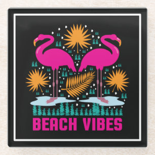 Beach Vibes Pink Flamingos Design Glass Coaster