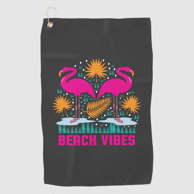 Beach Vibes Pink Flamingos Design Golf Towel (Front)