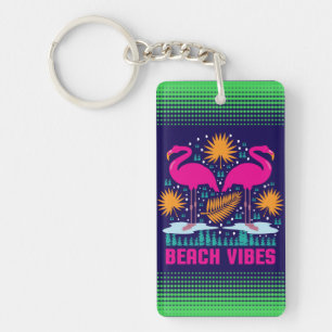Beach Vibes Pink Flamingos Design Key Ring