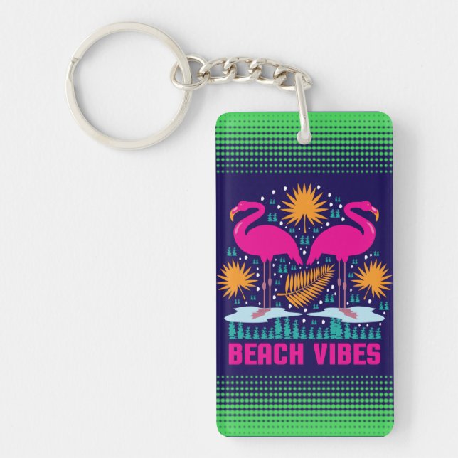 Beach Vibes Pink Flamingos Design Key Ring (Front)