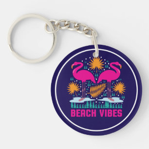 Beach Vibes Pink Flamingos Design Key Ring