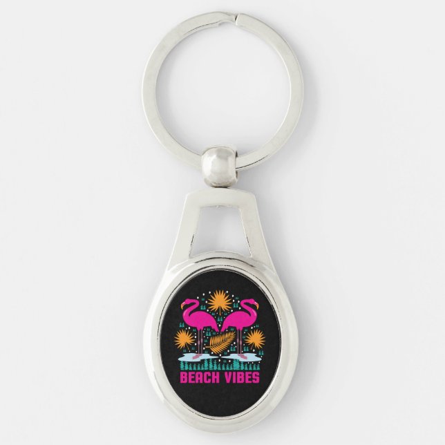 Beach Vibes Pink Flamingos Design Key Ring (Front)