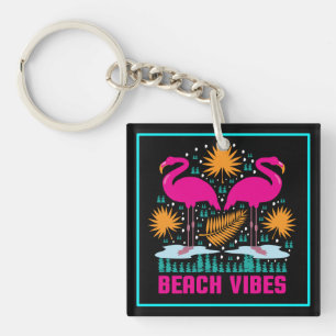 Beach Vibes Pink Flamingos Design Key Ring