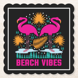 Beach Vibes Pink Flamingos Design Paper Coaster