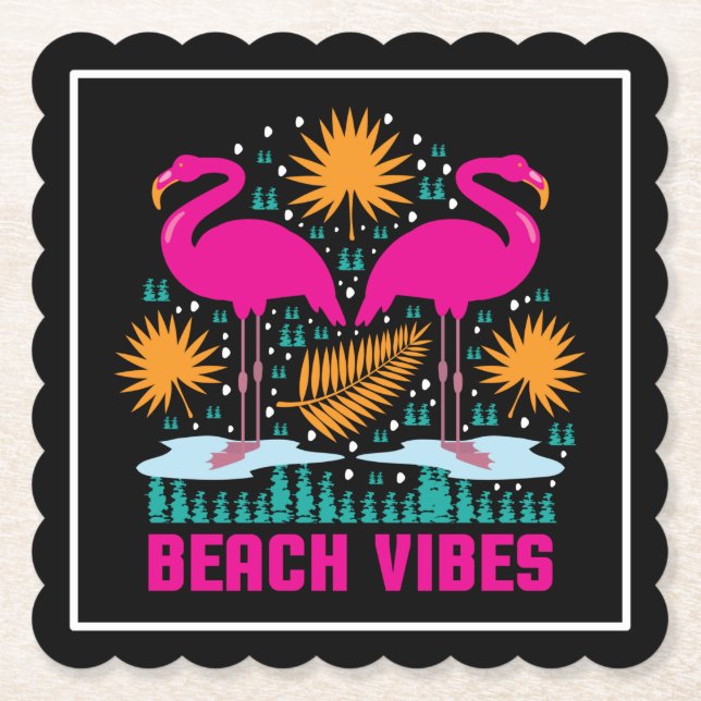 Beach Vibes Pink Flamingos Design Paper Coaster (Front)