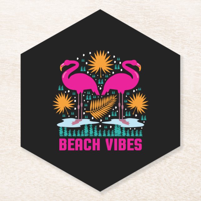 Beach Vibes Pink Flamingos Design Paper Coaster (Front)