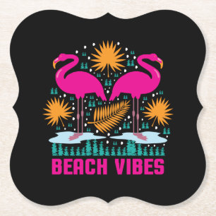 Beach Vibes Pink Flamingos Design Paper Coaster