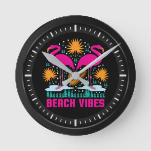 Beach Vibes Pink Flamingos Design Round Clock
