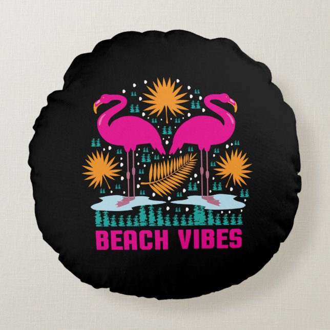Beach Vibes Pink Flamingos Design Round Cushion (Front)