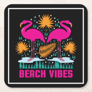 Beach Vibes Pink Flamingos Design Square Paper Coaster
