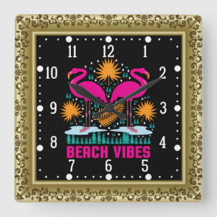 Beach Vibes Pink Flamingos Design Square Wall Clock