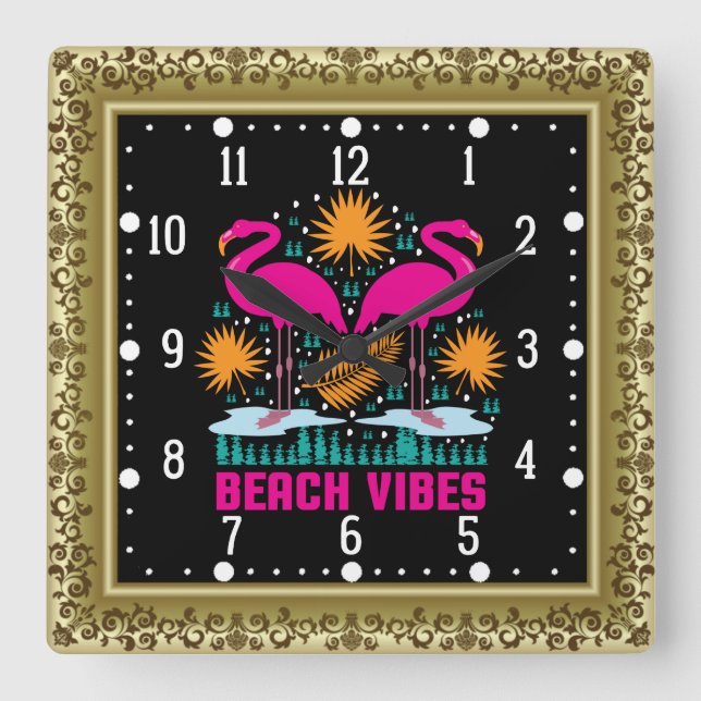 Beach Vibes Pink Flamingos Design Square Wall Clock (Front)