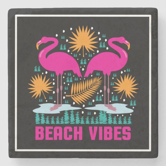 Beach Vibes Pink Flamingos Design Stone Coaster (Front)