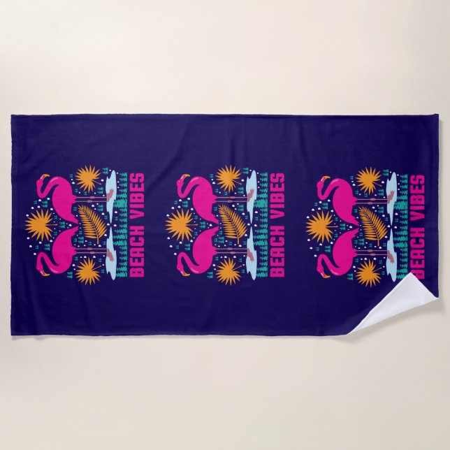 Beach Vibes Pink Flamingos Design Towel (Front)