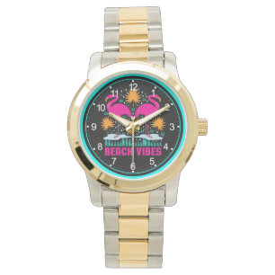 Beach Vibes Pink Flamingos Design Watch