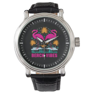 Beach Vibes Pink Flamingos Design Watch