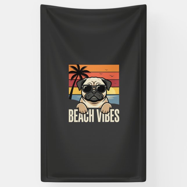 Beach Vibes Pug Dog Sunset Banner (Vertical)