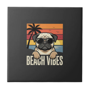 Beach Vibes Pug Dog Sunset Ceramic Tile