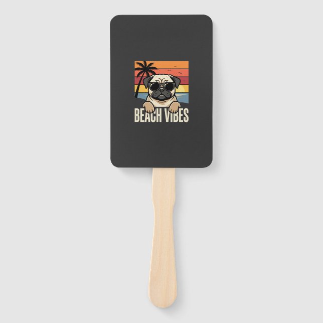 Beach Vibes Pug Dog Sunset Hand Fan (Front)