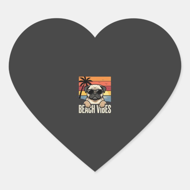 Beach Vibes Pug Dog Sunset Heart Sticker (Front)