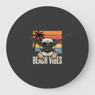 Beach Vibes Pug Dog Sunset Large Clock