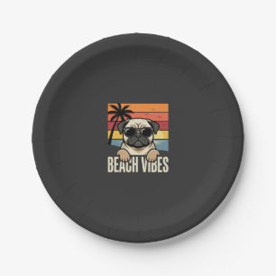 Beach Vibes Pug Dog Sunset Paper Plate
