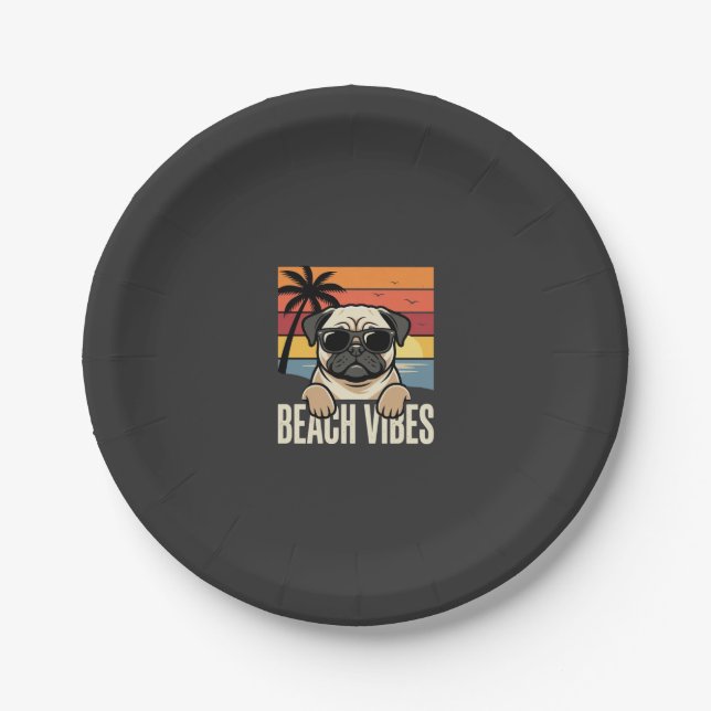 Beach Vibes Pug Dog Sunset Paper Plate (Front)