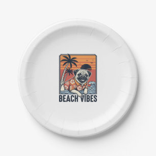 Beach Vibes Pug Vintage Engraving Design_1 Paper Plate
