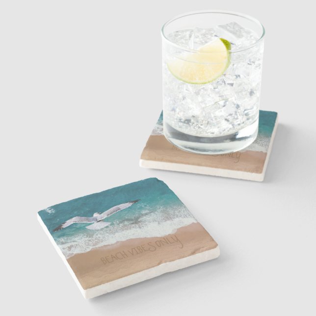 Beach Vibes Sand Writing Seagull Seashore Coastal Stone Coaster (Side)