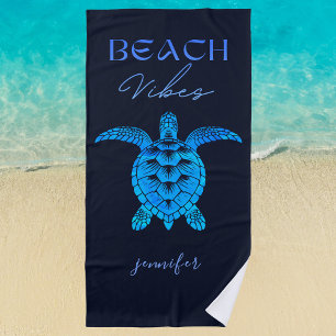 Beach Vibes Sea Turtle Blue Personalised  Beach Towel