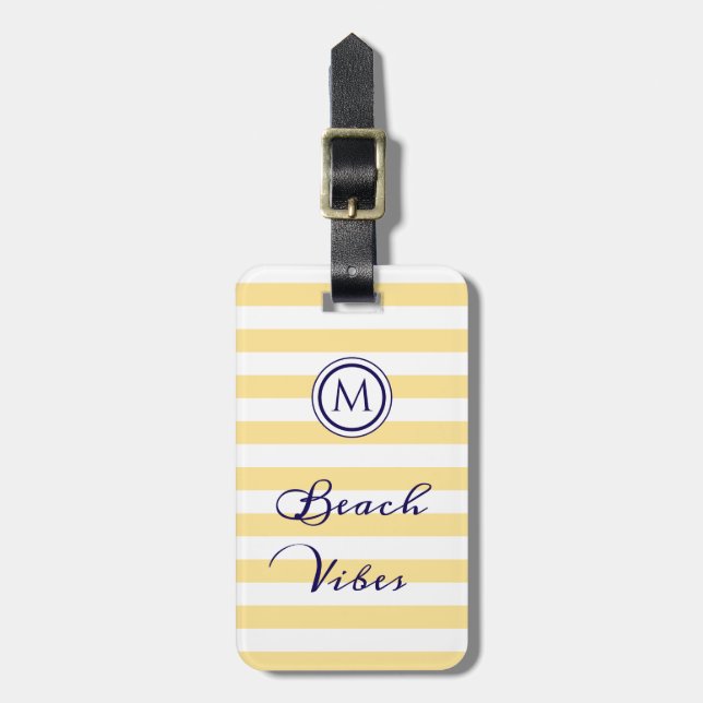 Beach Vibes Striped Yellow White Monogram Luggage Tag (Front Vertical)