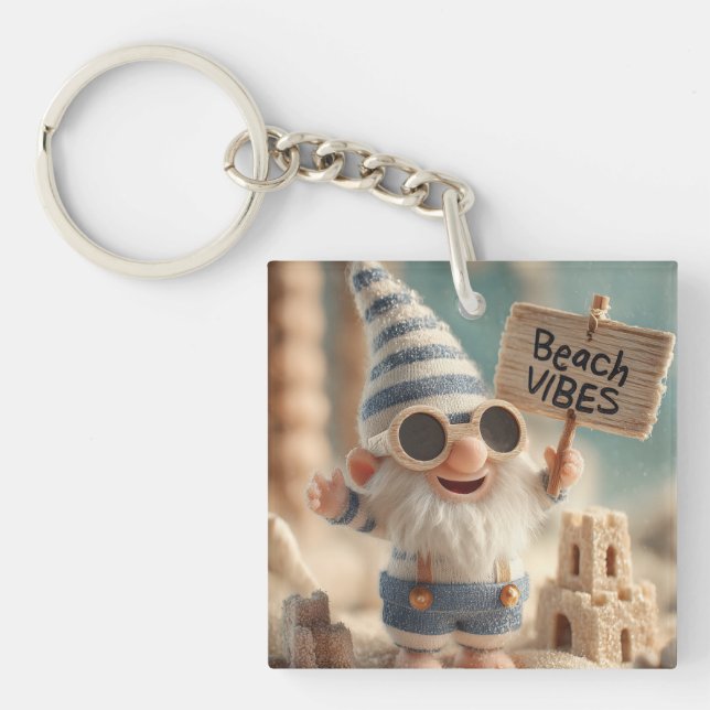"Beach Vibes" Summer Garden Gnome Key Ring (Front)