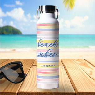 Beach Vibes Watercolor Pastel Stripe Personalised Water Bottle