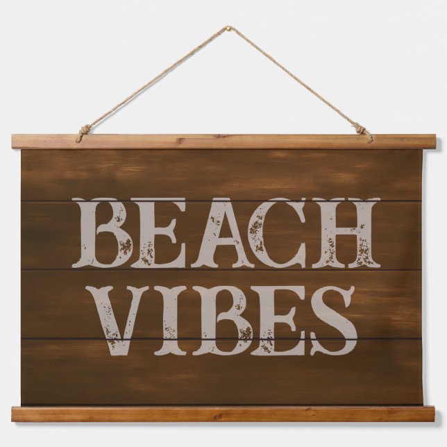 Beach Vibes Wording on Dark Wood Boards Hanging Tapestry (Front)